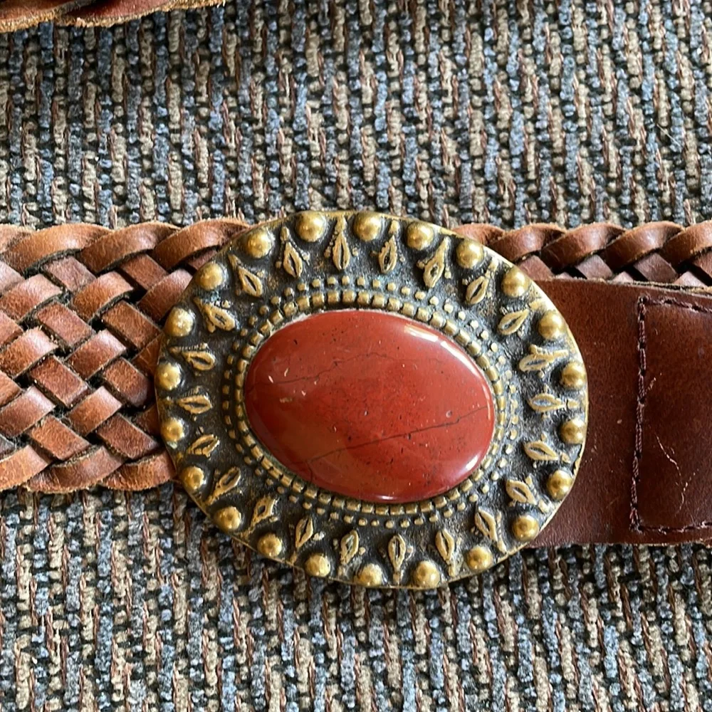 Woven Vintage Leather Belt with Brass Buckle and Stone Accents, size M/L - Picture 3 of 8